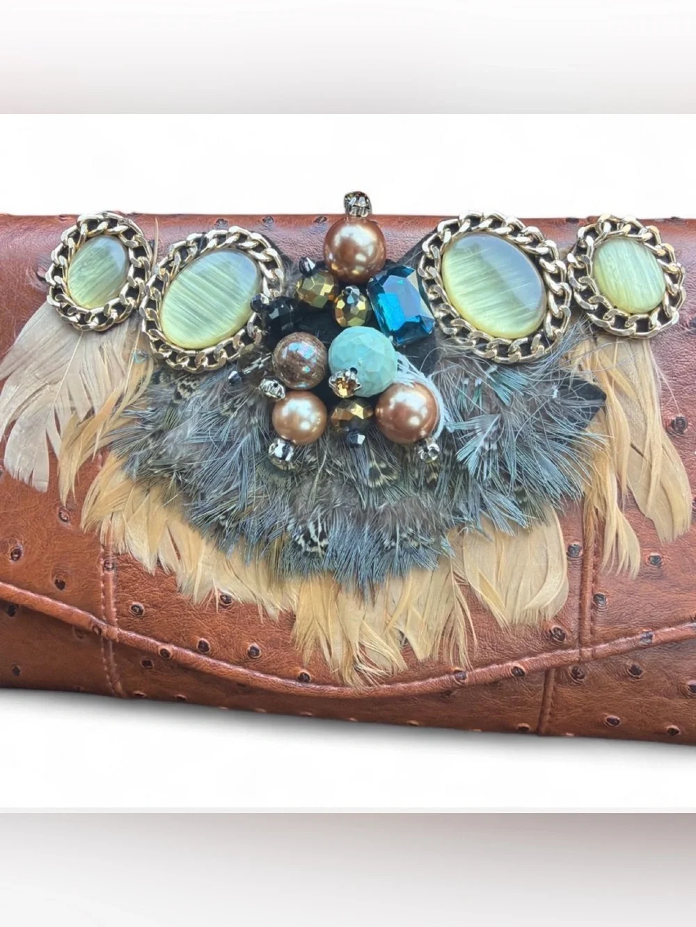 Vintage Iris Lane  Boho Feather Embellished Brown Clutch with Turquoise Accents